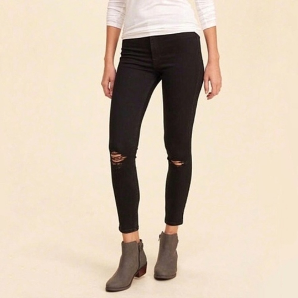 Hollister Crop High Rise Ripped Black Skinny Jeans